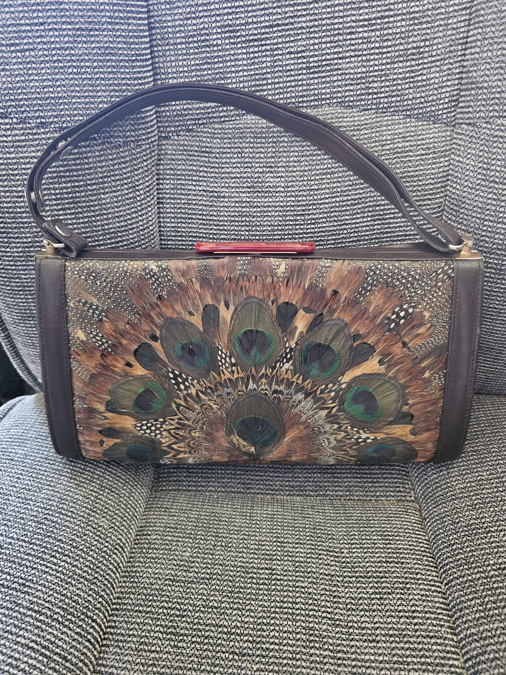Vintage Antique Peacock Feather Brown Leather Handbag